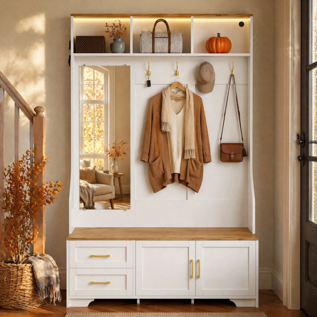 Mobile da ingresso con specchio, ganci, cassetti, ante e illuminazione LED, in MDF bianco e legno