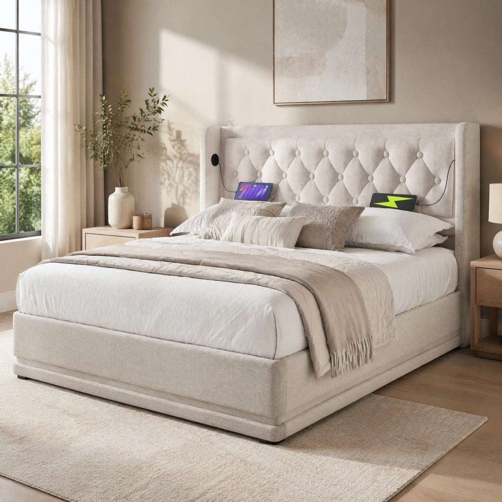 LETTO Contenitore 180x200 cm Cotone Beige con USB e LED
