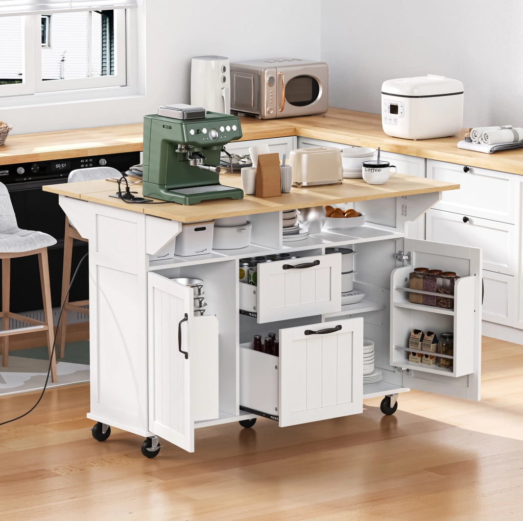 Isola cucina 120x40-60-80x92 cm con piano pieghevole e prese; in MDF; bianco e naturale