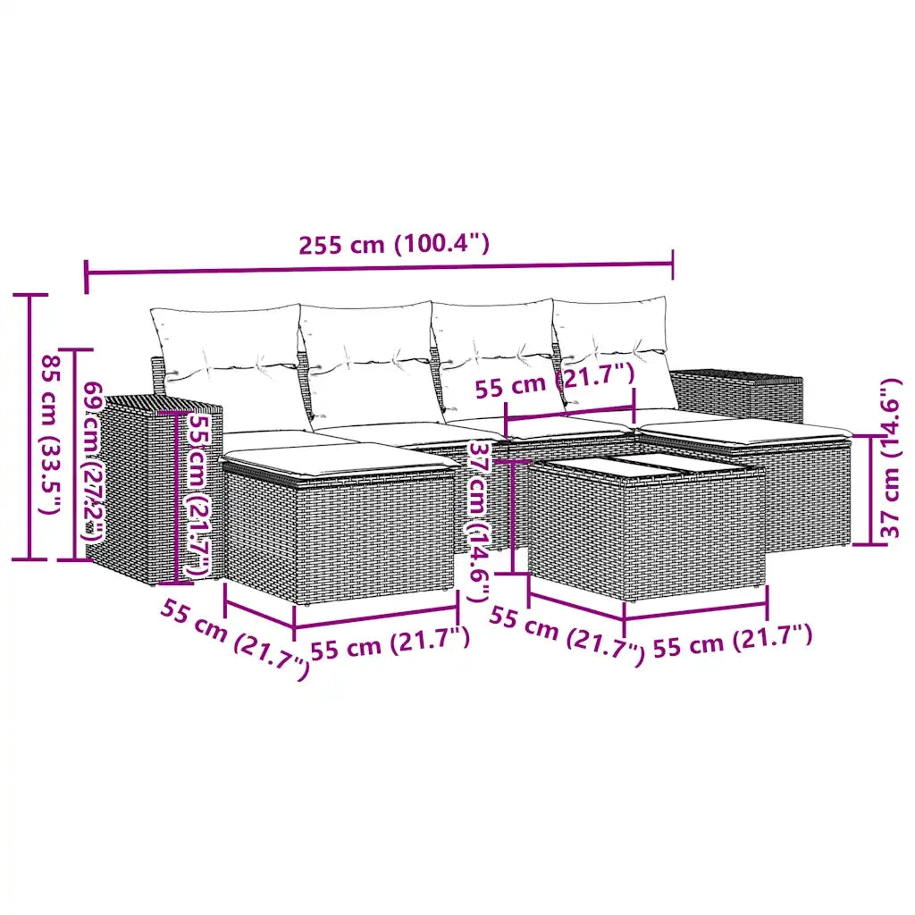 Set Divani da Giardino 7pz con Cuscini Grigio Chiaro Polyrattan