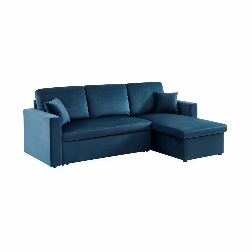Divano letto angolare reversibile in velluto, 3 posti, blu