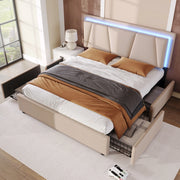 Letto matrimoniale 160x200 cm con testiera regolabile; LED e 4 cassetti; beige