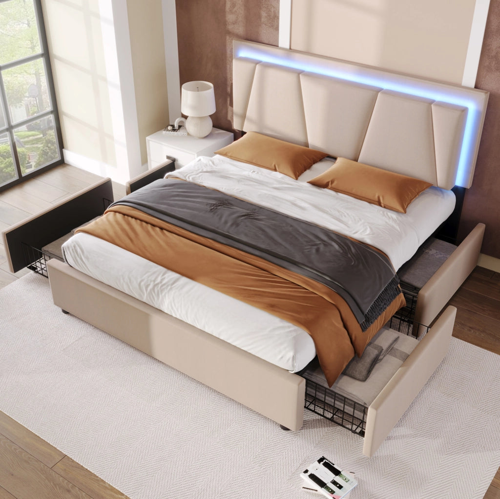 Letto matrimoniale 160x200 cm con testiera regolabile; LED e 4 cassetti; beige