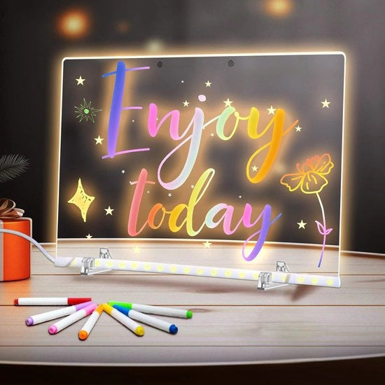 Tavolo di note con luci - Tavolo acrilico illuminato, whiteboard acrilico con luce - Tavoli LED per appunti - Tavolo LED per bambini con base - 7 pennelli - 20x20cm