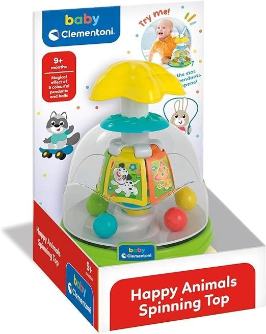 Trottola Bambini, Happy Friends Spinning Top con Animali, Gioco Prima Infanzia Stimola Manualita,Clementoni,Eta 9+ mesi
