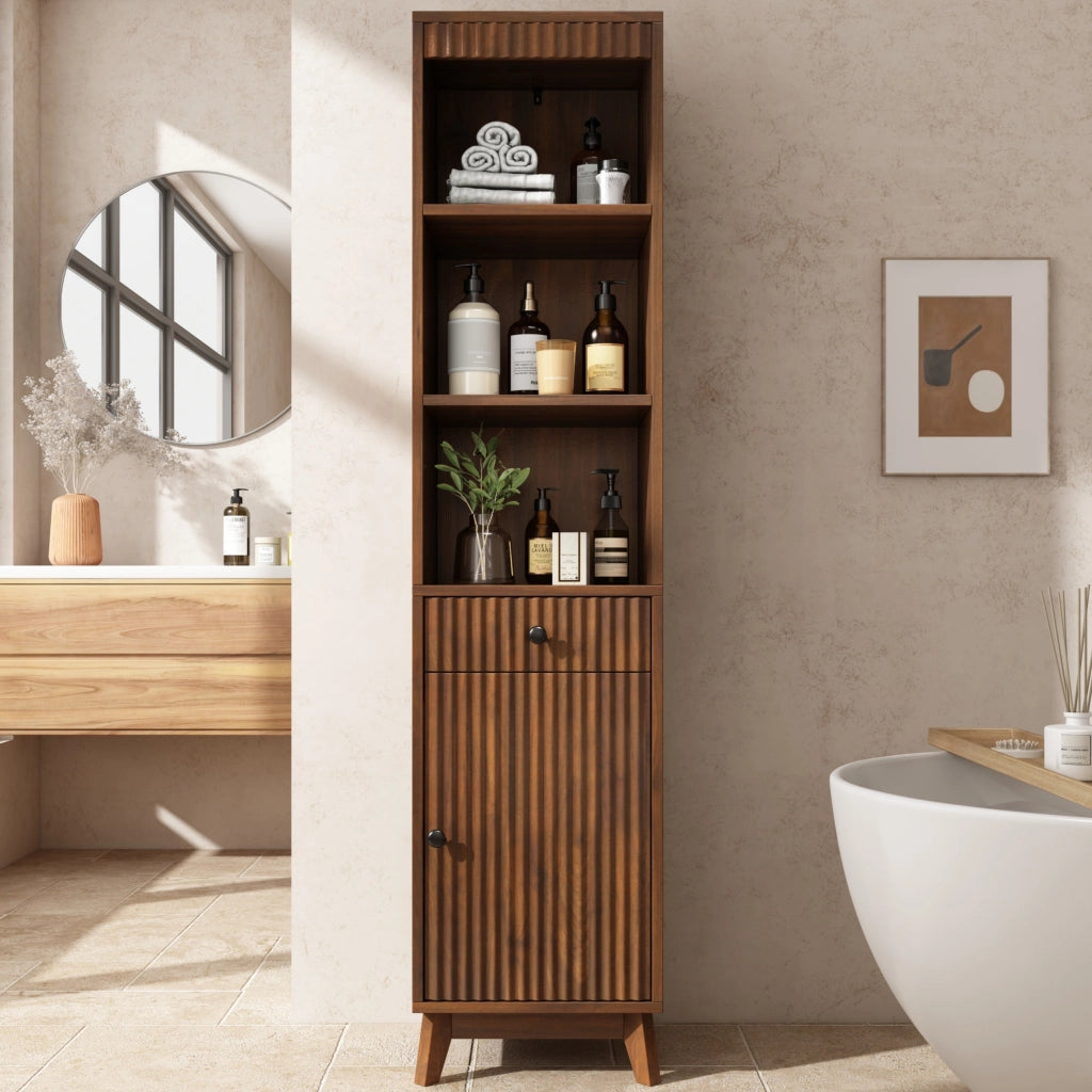 Colonna bagno con 1 anta reversibile; 1 cassetto e vani aperti con chiusura soft-close per bagno; in MDF; noce