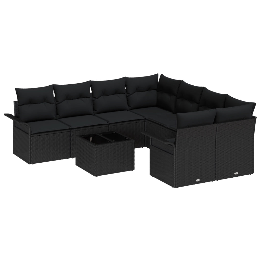 Set di divani da giardino a 9 pezzi con cuscini neri in polyrattan