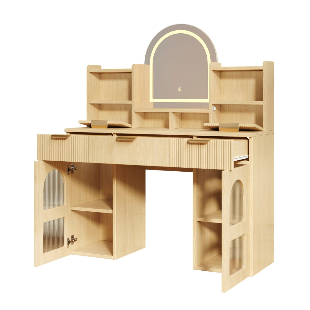 Scrivania Toeletta con Specchio e LED ¨C MINIMAL ¨C Legno, 3 Cassetti, 120x40x139