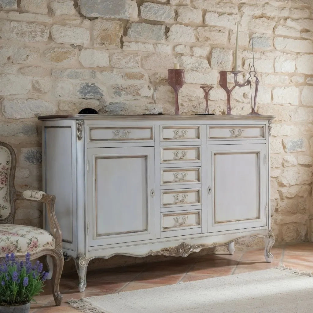 Credenza 2 porte 7 cassetti classica legno shabby bianco argento 190x62x107 - Mobili 2G