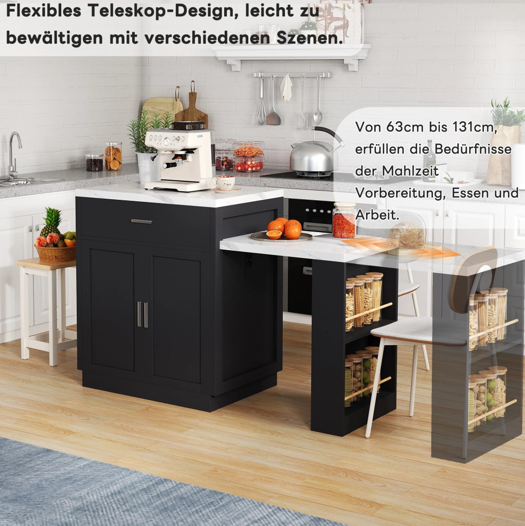 Isola da cucina con tavolo estraibile per 2-6 persone; presa elettrica; MDF nero; 211x55x89;5 cm