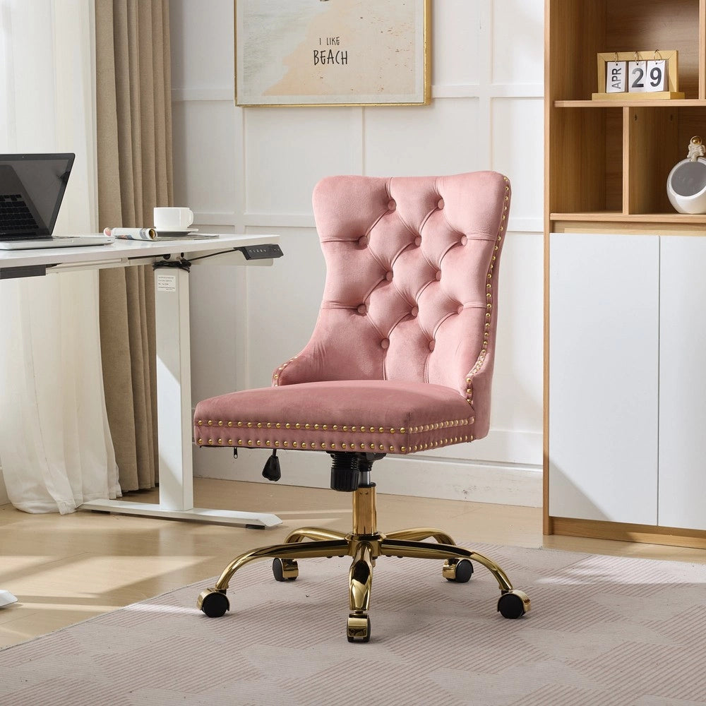 Sedia da Ufficio Velluto Trapuntata ¨C Xylo ¨C Rosa, Base Metallo Dorato, Girevole