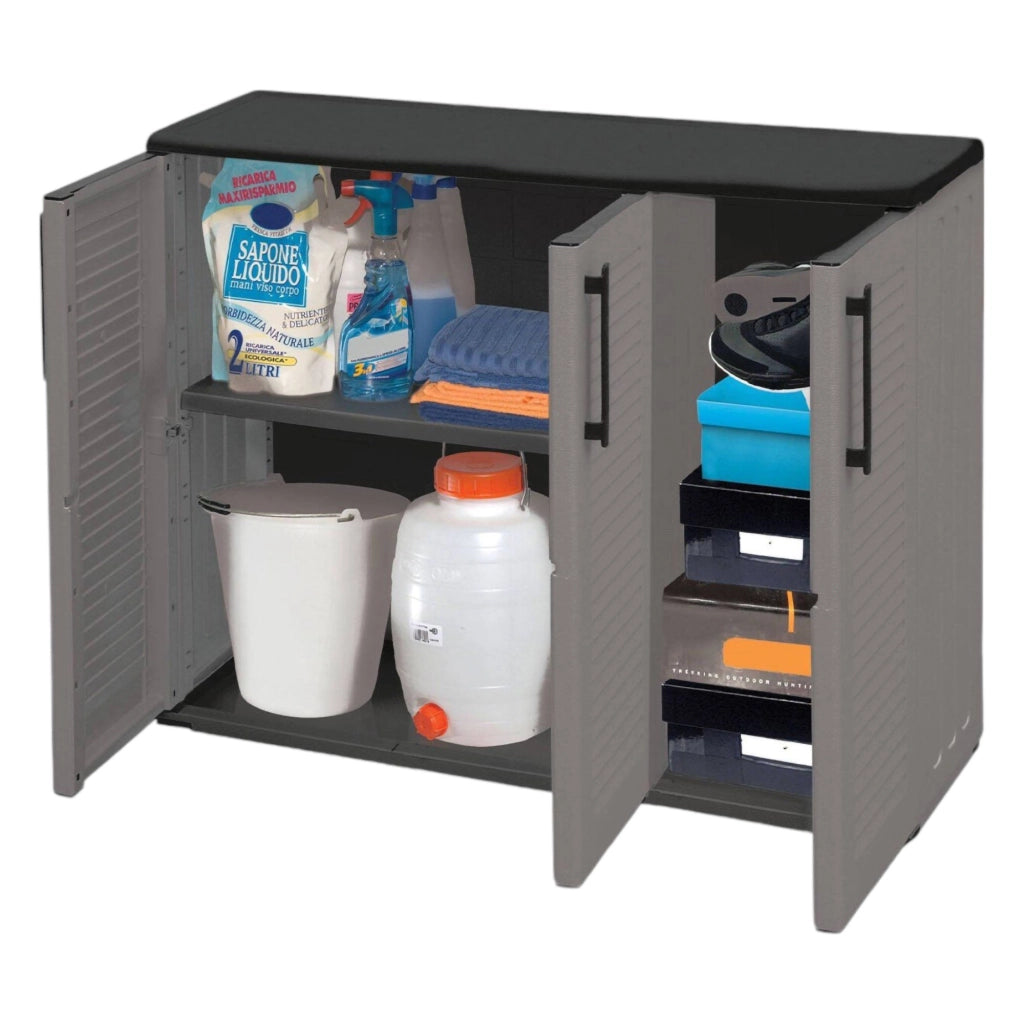 Armadio multiuso da esterno o Aranka, Mobile a 3 ante e 1 ripiano in polipropilene, 100% Made in Italy, cm 102x37h84, colore Grigio