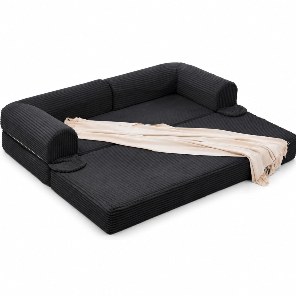 Divano letto 2 posti trasformabile in tessuto a coste nero; design salvaspazio