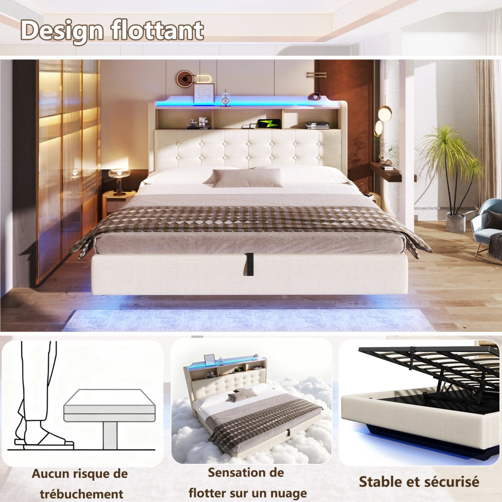 Letto matrimoniale contenitore 180x200 cm effetto sospeso con LED; testiera portaoggetti; USB e USB-C; lino beige