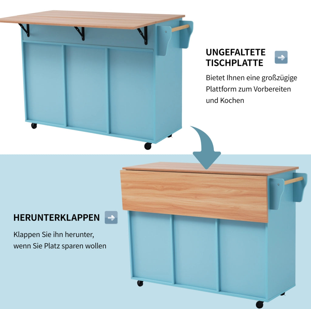 Carrello da cucina pieghevole blu con piano estensibile