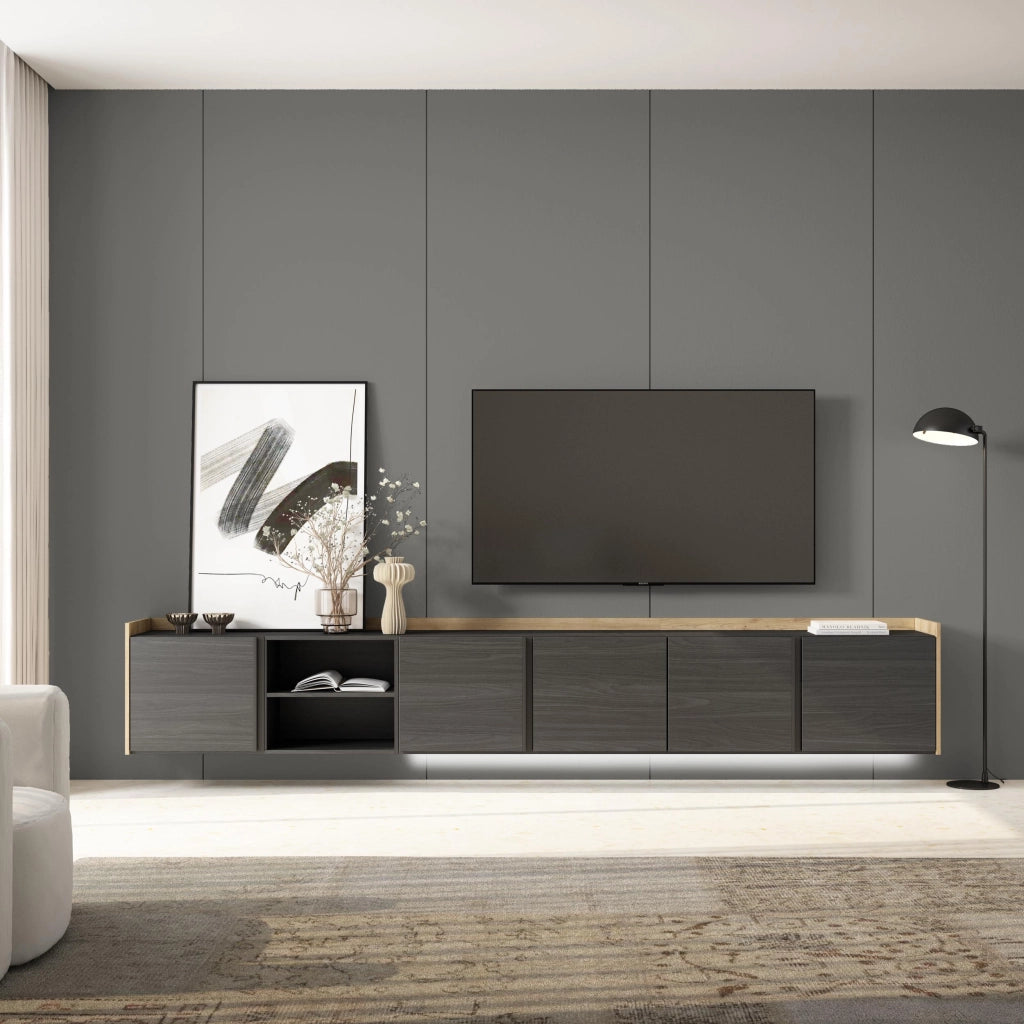 Mobile TV Soggiorno, 309x50x35 cm, Per TV fino a 80", Sospeso, da appendere, LED, Nero e rovere