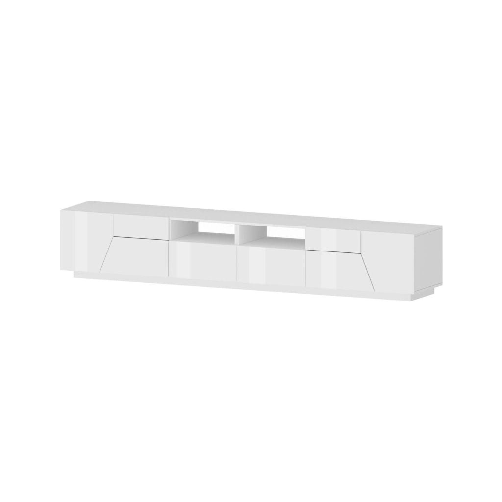 Mobile da soggiorno Porta Asdrubale, Made in Italy, Credenza per Asdrubale da salotto a 4 ante geometriche e 2 cassetti, Cm 260x43h46, Bianco lucido
