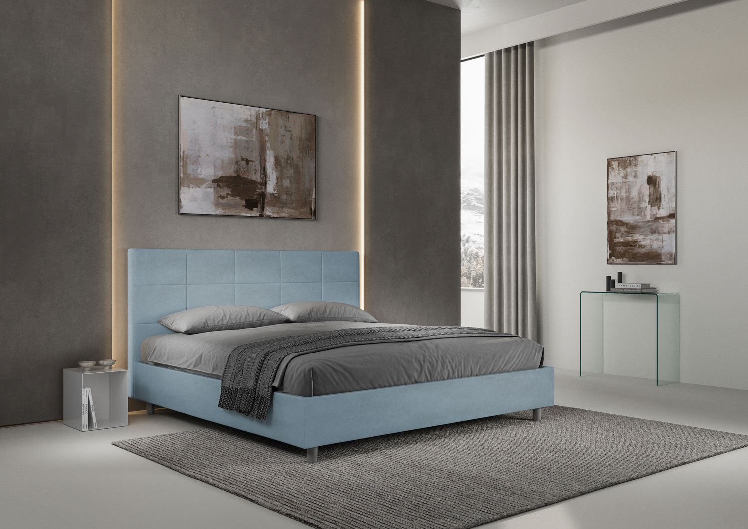 Letto Matrimoniale King Size 180x190 cm con Rete e Contenitore Imbottito in Microfibra Mika Azzurro