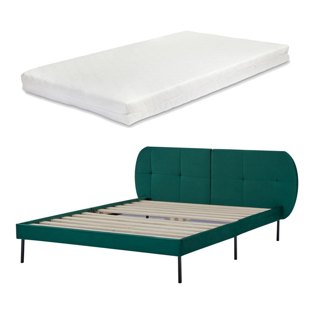 Letto Francese Porvoo con Testiera e Materasso 140x200 cm Rivestimento in Velluto - Verde Scuro [en.casa]