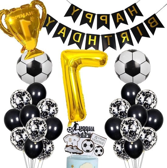 Balloon di compleanno per bambino con pallone da calcio in oro, decorazione per festa di bambino, topper per torta con pallone da calcio in oro, decorazione per festa di bambino, età 7 anni.