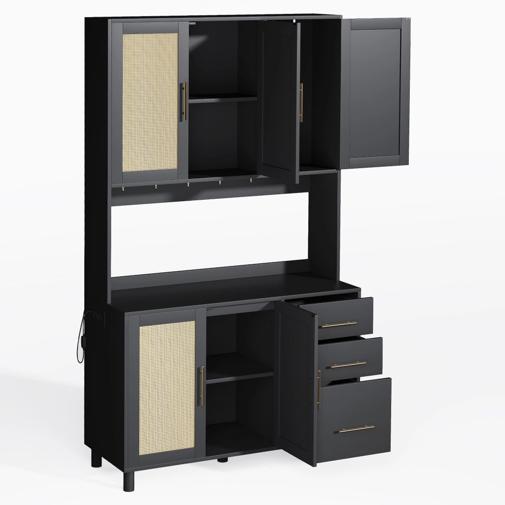 Credenza da Cucina con 3 Cassetti 3 Ante LED; Prese e USB; Ripiani Regolabili; in MDF; Nera