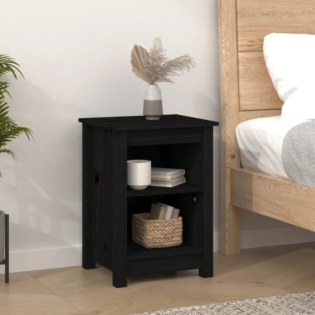 Set di 2 Comodini | Armadio da Notte | Mobiletto da notte Neri 40x35x55 cm in Legno Massello di Pino