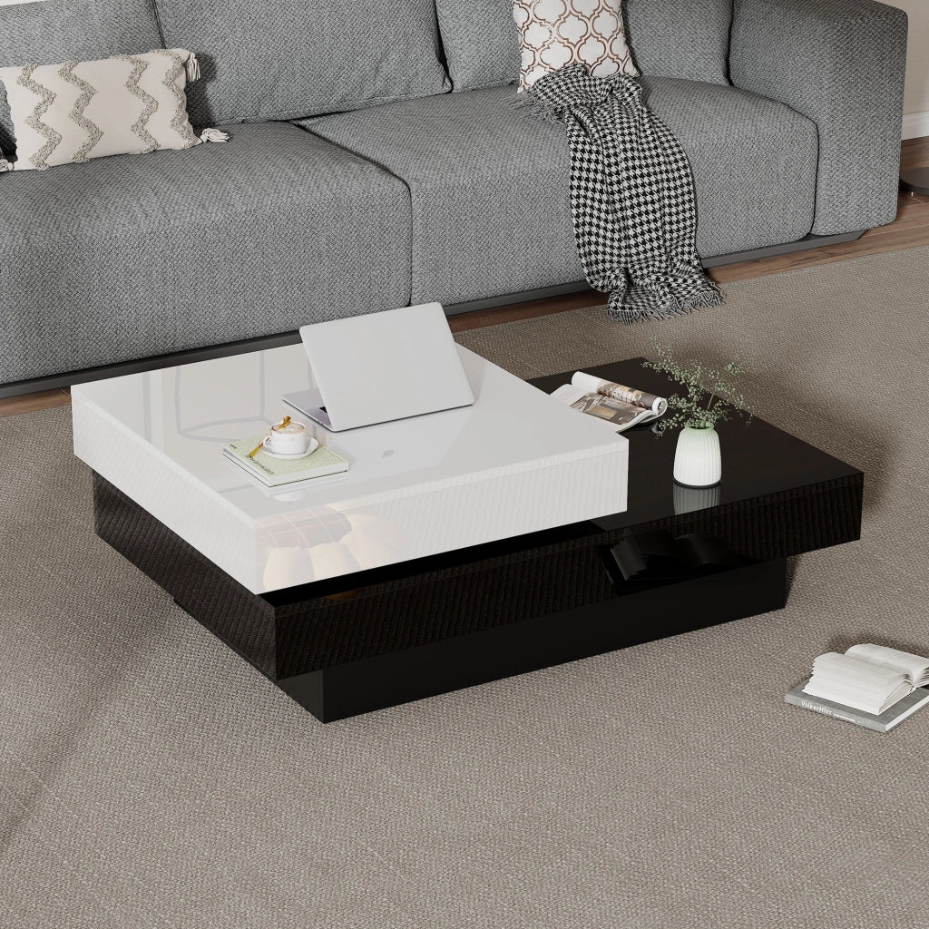 Tavolino da caffè girevole con 2 livelli e 2 vani aperti; piano lucido; per soggiorno; bianco e nero 103 × 60 × 35.5 cm