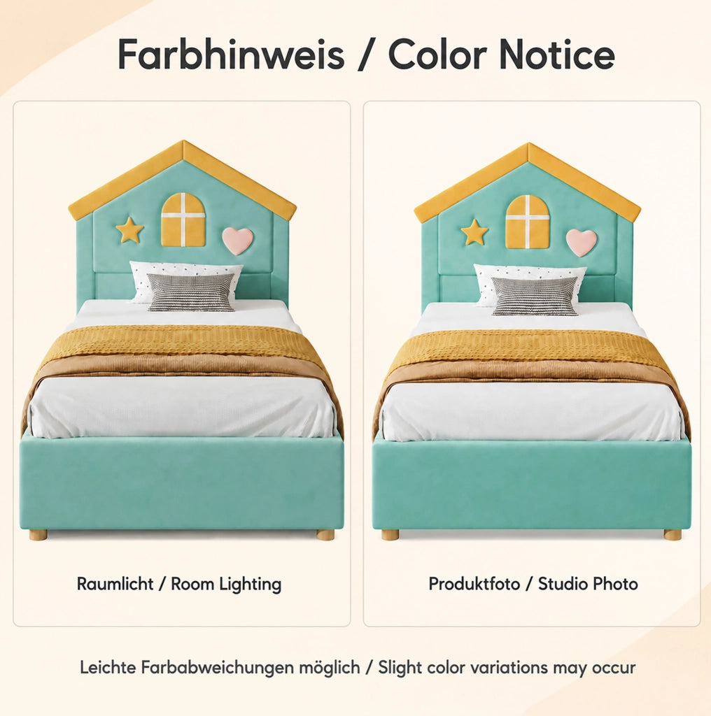 Letto per bambini imbottito a casetta 90x200 cm in velluto blu verde con 4 cassetti
