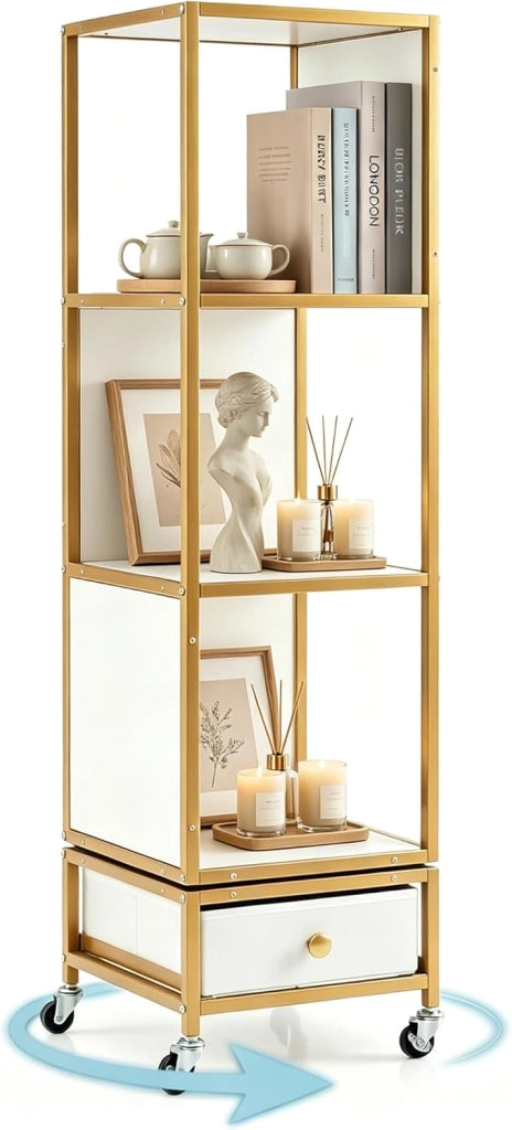 Libreria Girevole, Scaffale Portaoggetti con 4 Ripiani, Cassetto e Ruote, Libreria Verticale con Struttura Metallica per Camera da Letto, Soggiorno e Studio, 30 x 30 x 111 cm (Grigio)