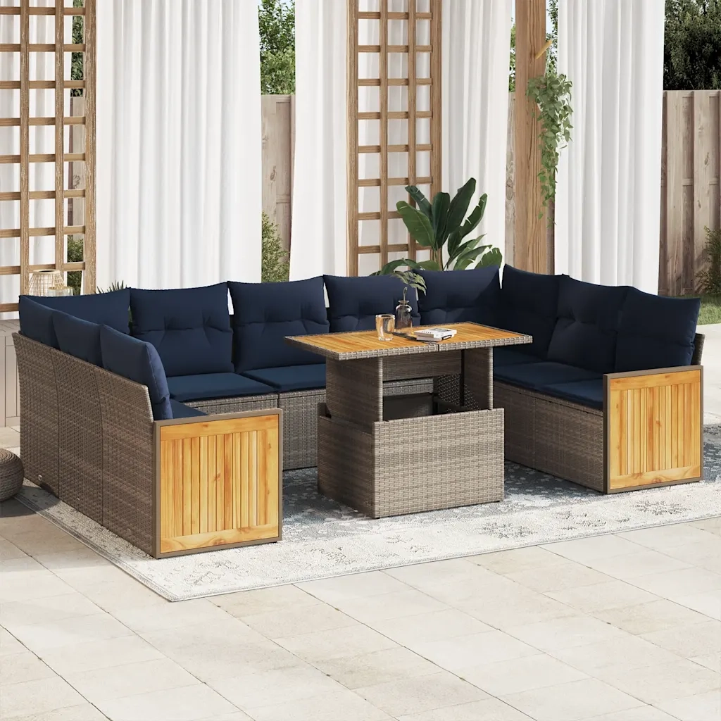Divano Giardino 10 pz con Cuscini Grigio in Polyrattan Acacia