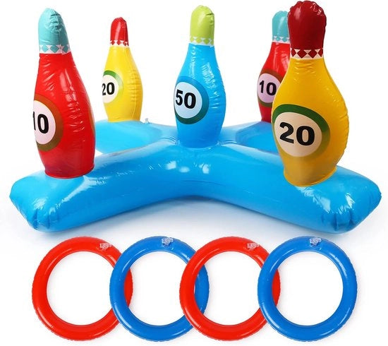 Set di bowling gonfiabile - 57 x 52 cm - Colorato gioco di lancio - Adatto per bambini e adulti - Materiale PVC ecocompatibile - Ideale per feste estive, vacanze in spiaggia e giochi in giardino.