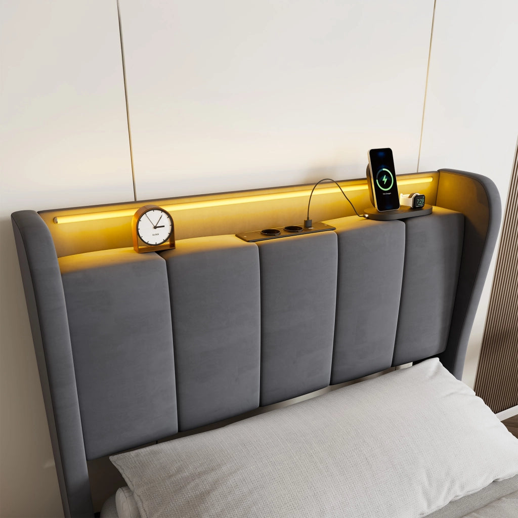 Letto singolo contenitore imbottito grigio scuro 90x200 cm con LED e dock di ricarica