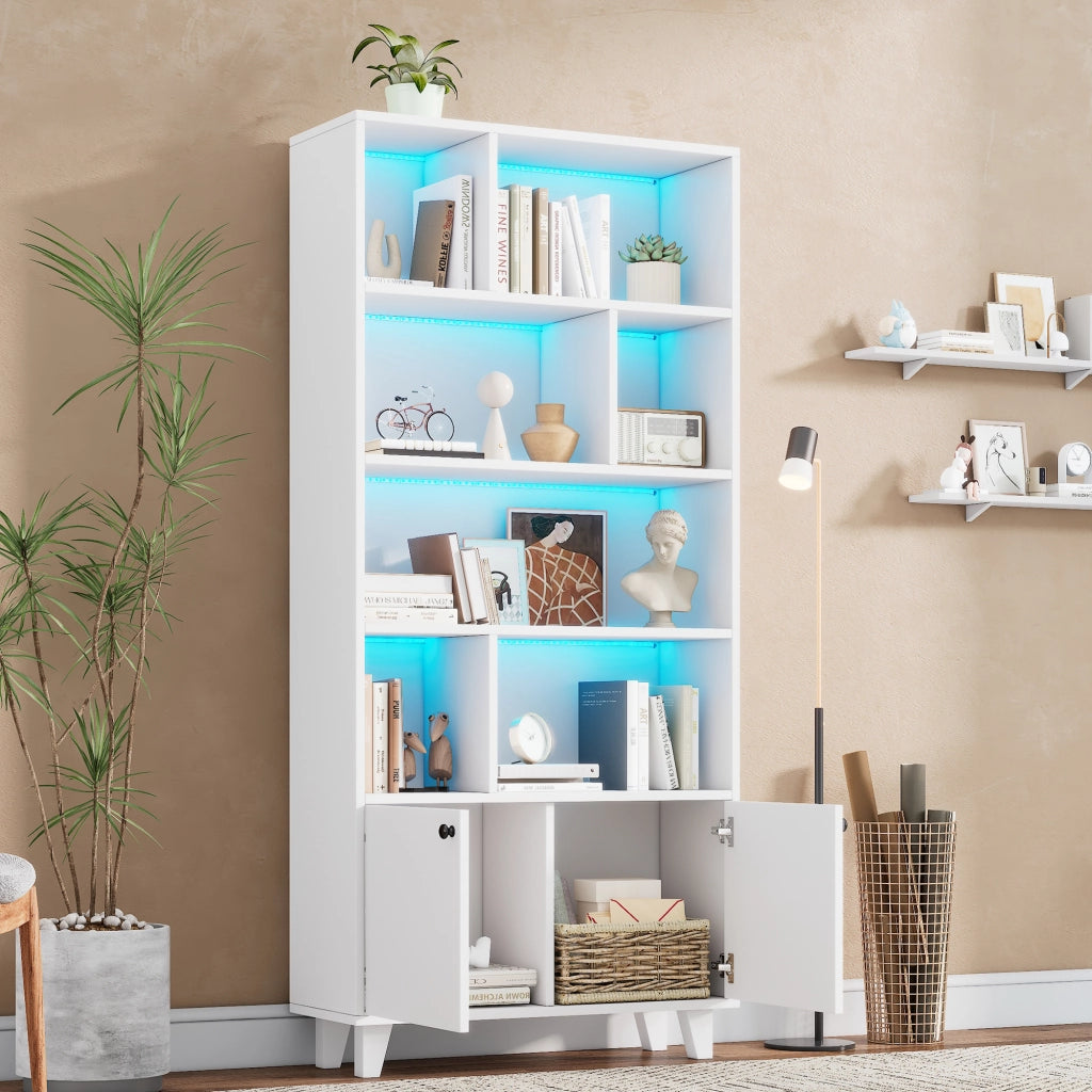 Libreria 80 x 30 x 173 cm con luci LED, 7 scomparti, ante doppie e struttura in MDF con piedi in legno massello