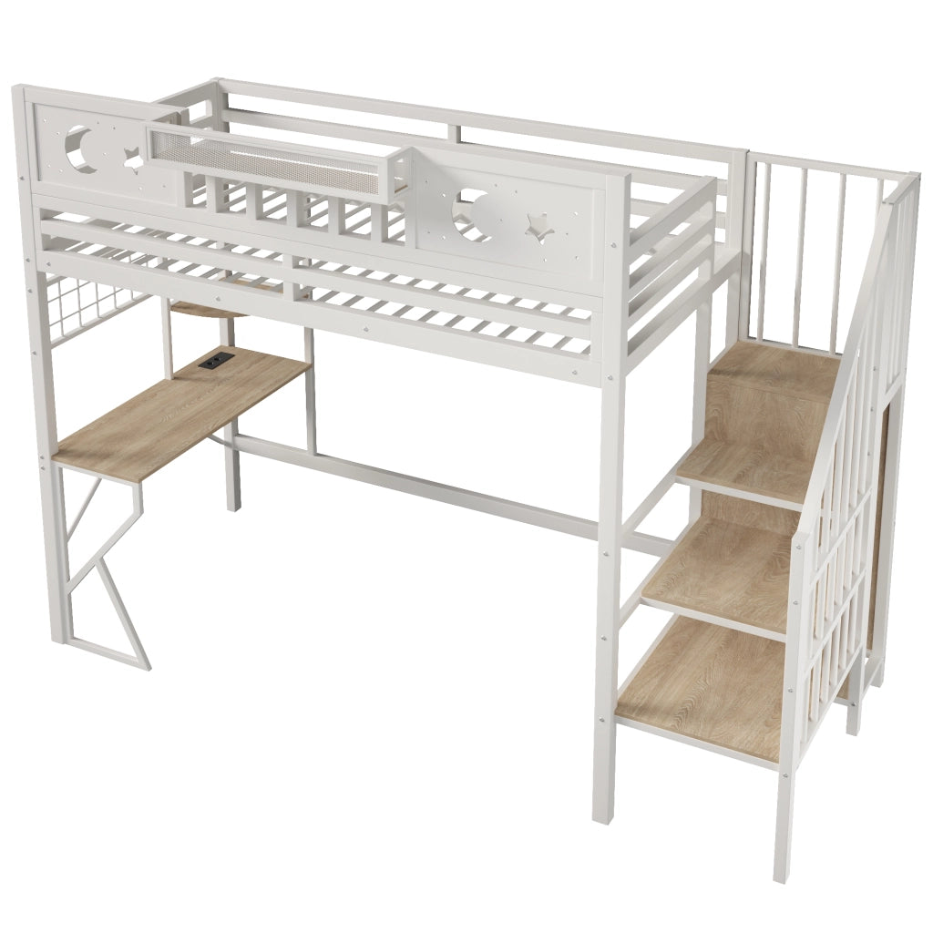 Letto a soppalco 90x200 con scrivania in metallo e MDF; bianco; LED e USB