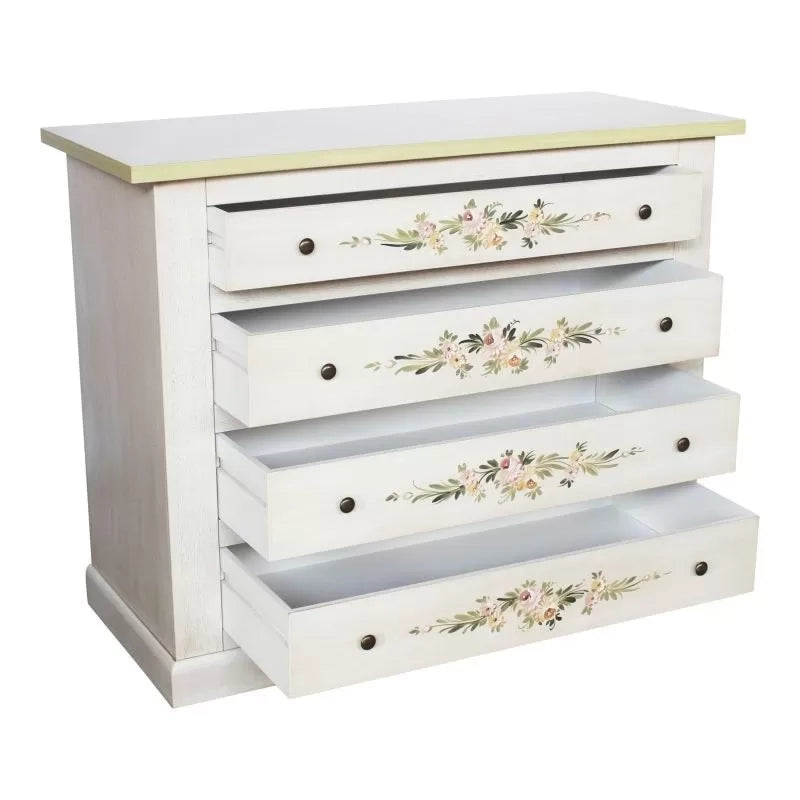 Cassettiera 4 cassetti legno shabby bianco anticato decori filo verde 115x50x90 - Mobili 2G