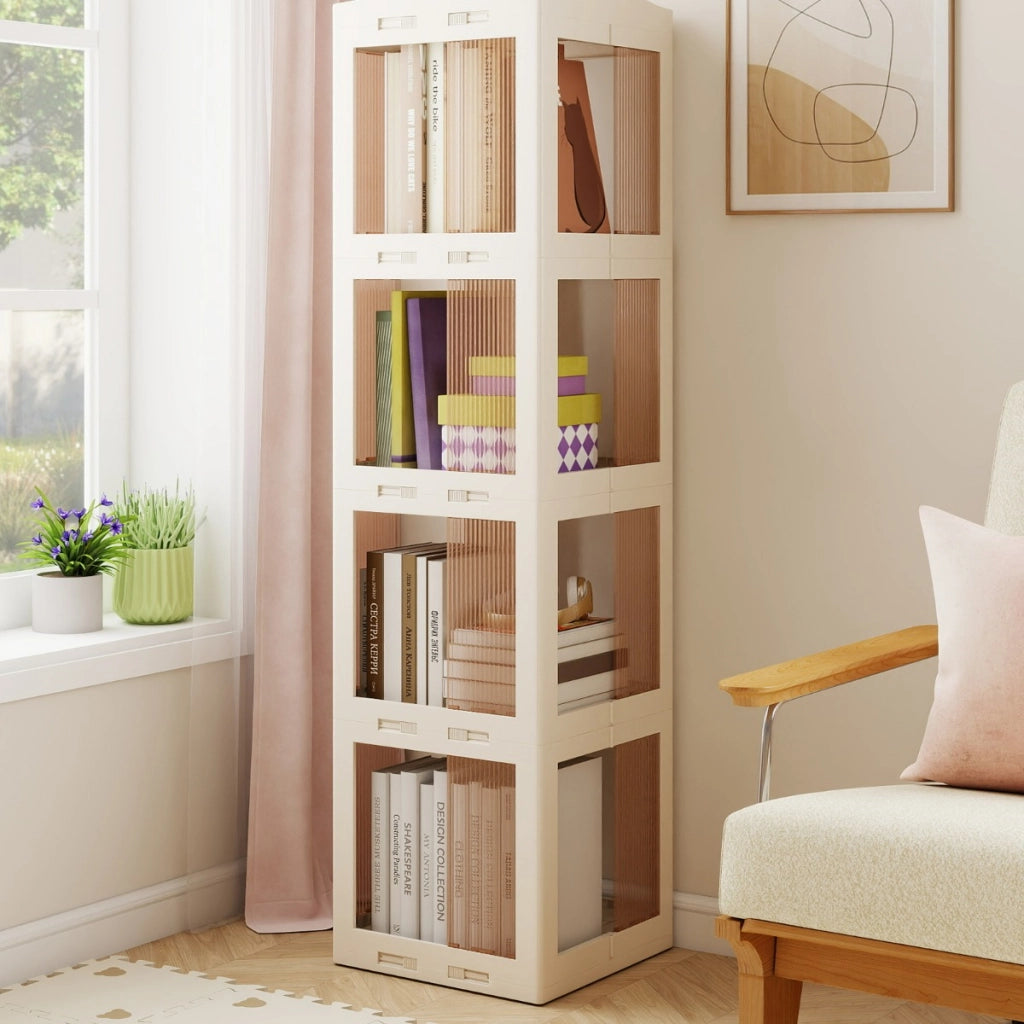 Libreria girevole pieghevole a 4 livelli per soggiorno e studio, Scaffale girevole a 360¡ã con base rotante per esposizione Bianco-Librerie