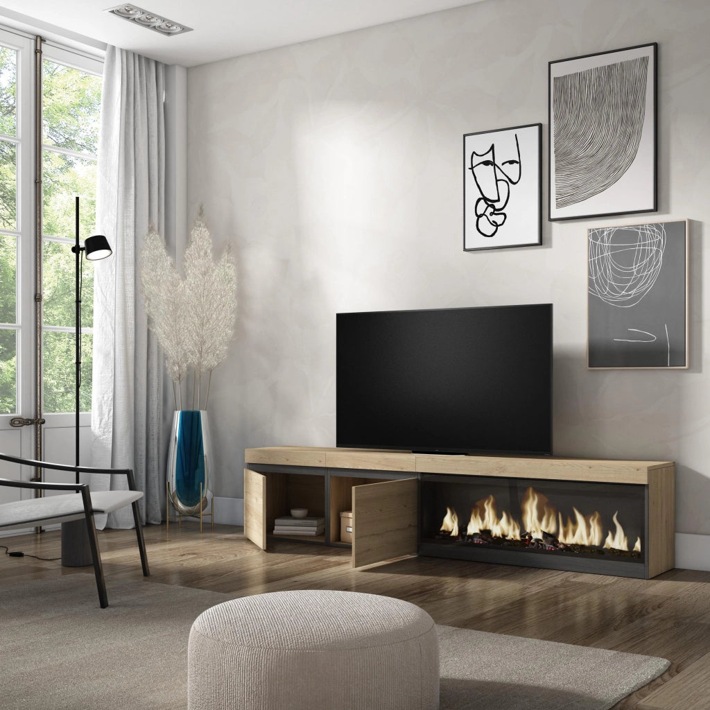 Mobile TV Soggiorno, 208x35x45cm, Per TV fino a 80", Camino elettrico XXL, colore Rovere RF3275