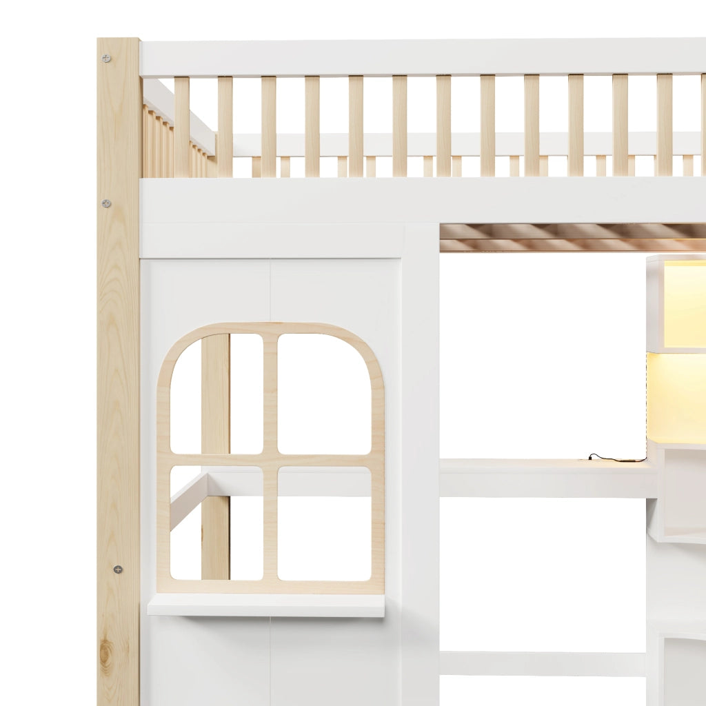 DESMIU Letto a Soppalco Letto Matrimoniale con LED, Scrivania e Vani 140 × 200 cm, Senza Materasso