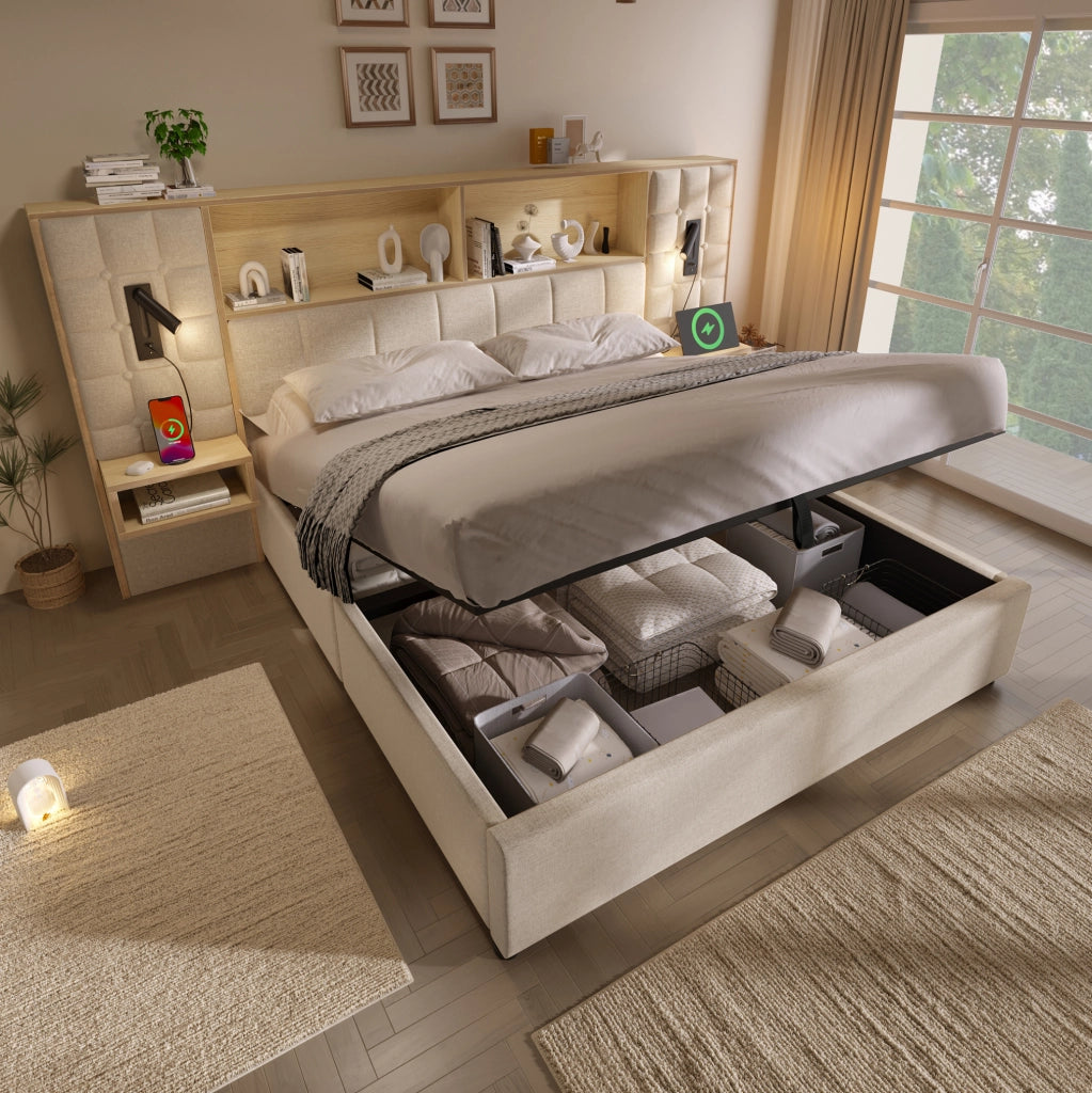 Letto matrimoniale 180x200 cm con contenitore; testiera con luci di lettura e prese USB Tipo C; beige