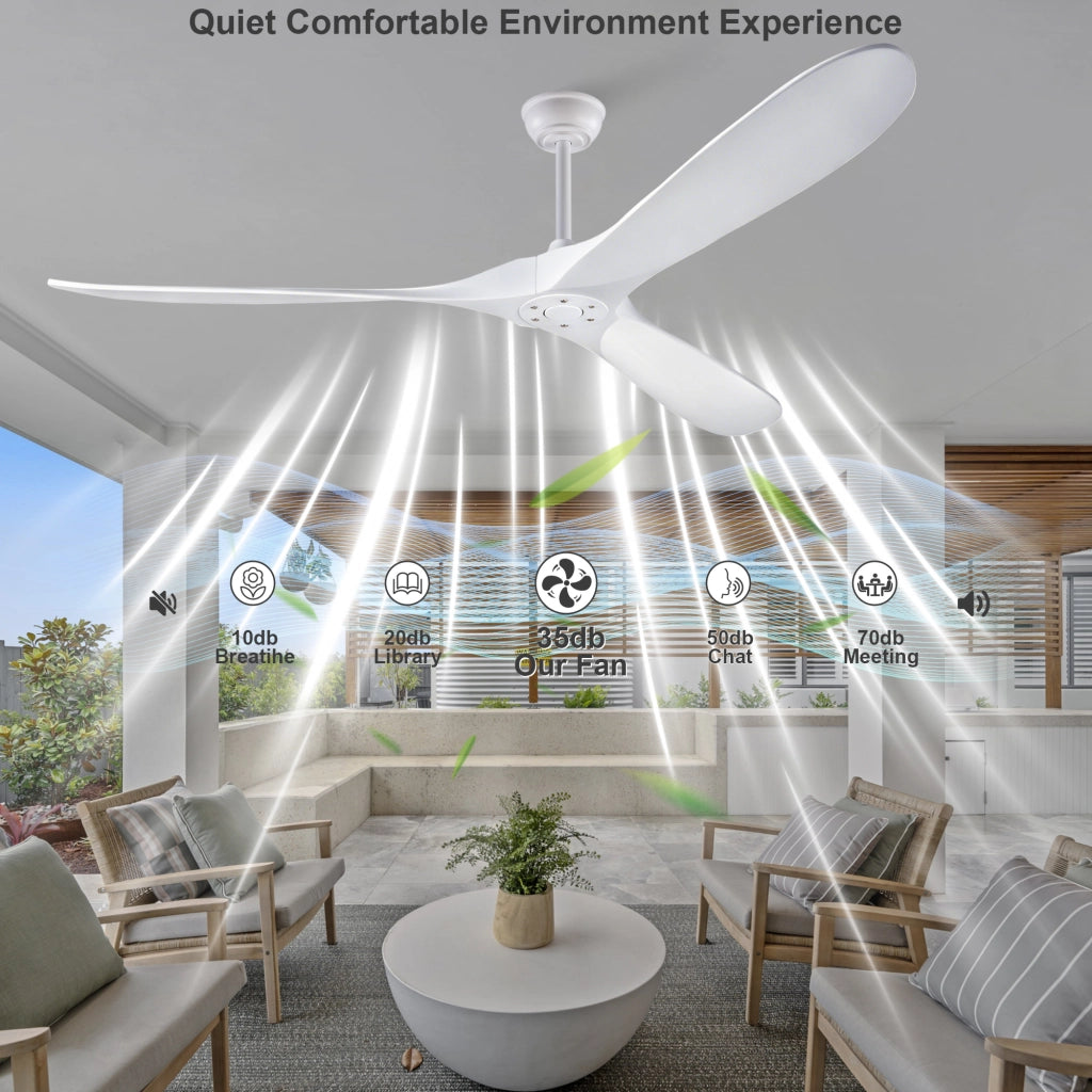 Ventilatore da soffitto bianco design moderno 70 pollici, 3 pale legno massello, senza illuminazione, motore DC reversibile silenzioso