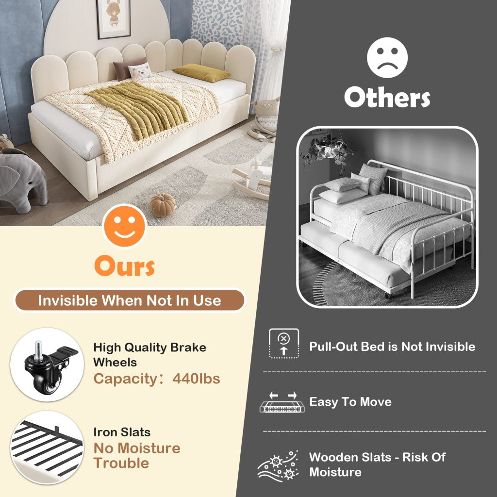 OKWISH Letto a Scomparsa 90×200 cm, Letto Singolo con Letto Estraibile 90×190 cm, Sponde e 2 Fermi, senza Materasso, Velluto, Beige