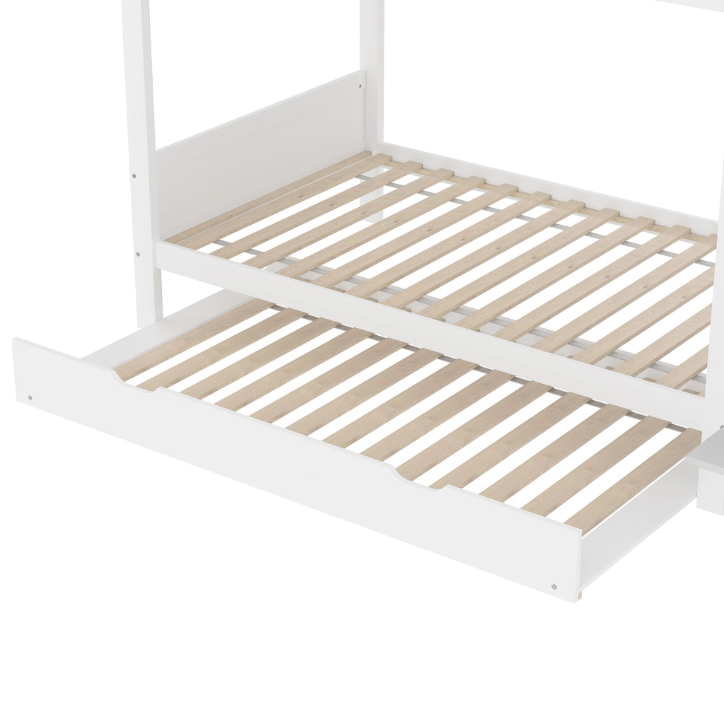 OKWISH Letto a Castello 90×200 cm, Letto 3 Posti con Letto Estraibile, Armadio e Mensole, senza Materasso, in Pino, Bianco