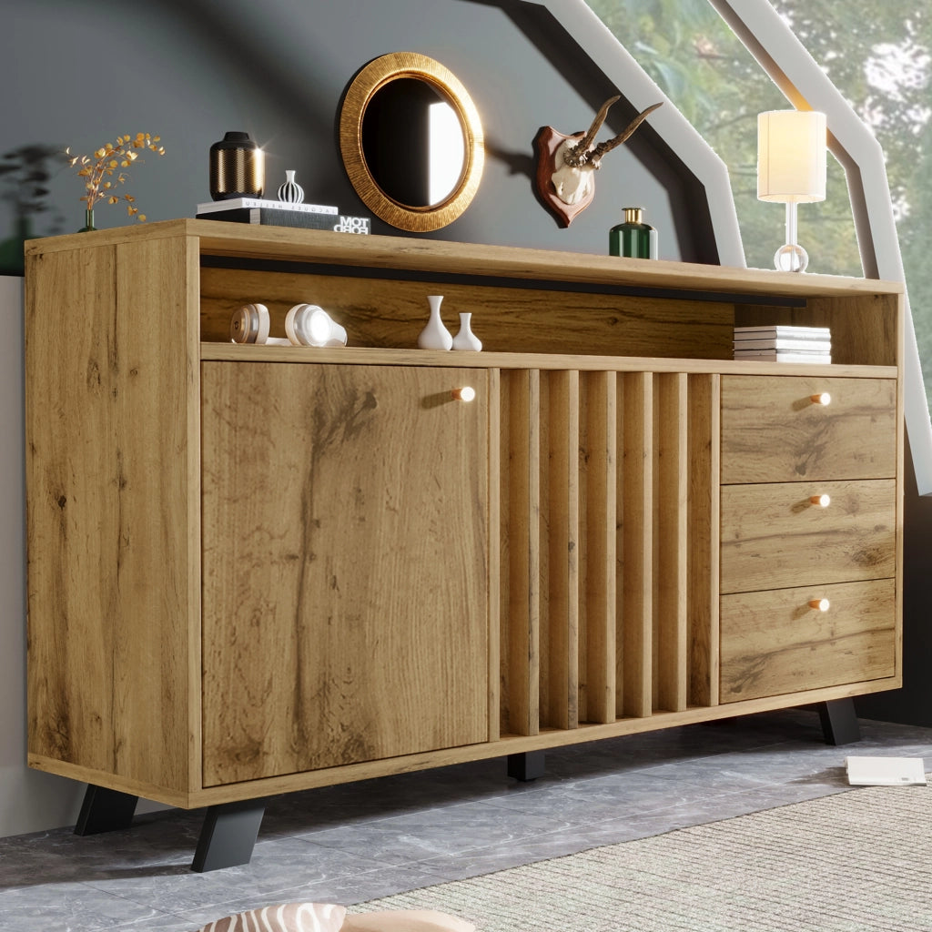 Credenza con 3 cassetti e 2 ante con vano aperto e frontale a doghe effetto rovere scuro 120 × 40 × 85 cm