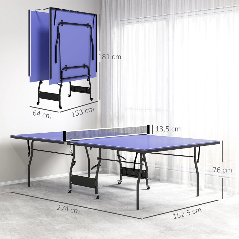Tavolo da ping pong pieghevole con rete, 2 racchette e 3 palline, piano in MDF, blu