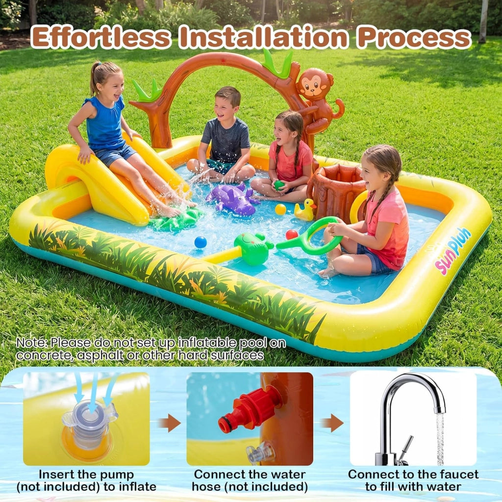 Piscina Gonfiabile per Bambini, Piscinetta Fuori Terra con Scivolo, Giocattoli di Scimmia, Ippopotamo e Anatra, Parco Gioco Acquatico Esterno per Giardino e Cortile, per Bambini 2-6 Anni