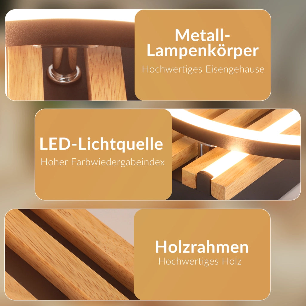 ZMH Lampada da Soffitto LED Legno 24W 38cm Luce Calda Nero Anello Moderna per Camera da Letto Soggiorno