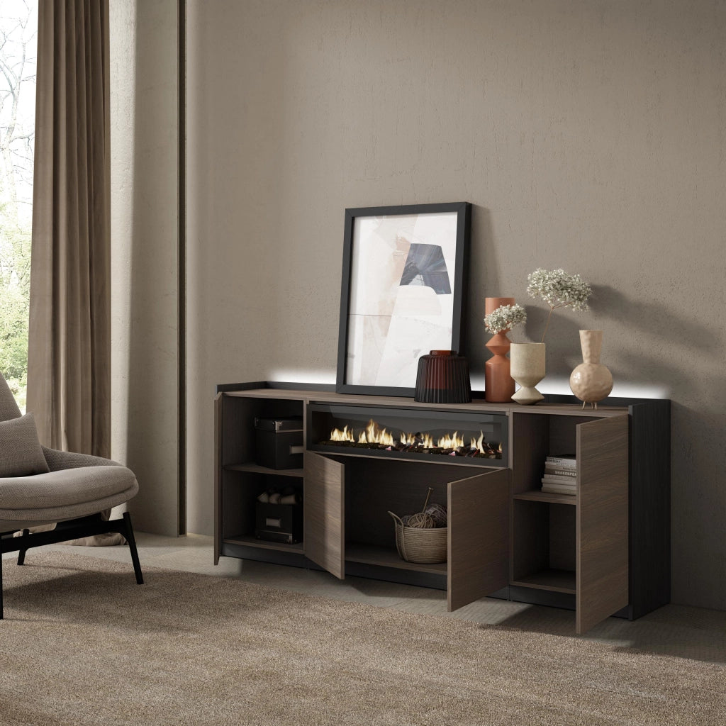 Credenza, Mobile, Cucina, 207x80x37 cm, 4 Porte, Camino elettrico, LED, Rovere scuro e Nero