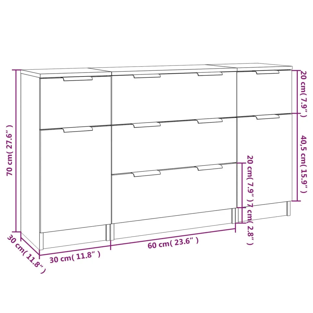 Set di Credenze 3 pz Rovere Fumo in Legno Multistrato 3115825