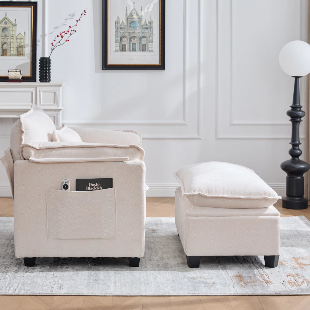 Poltrona con Pouf Ampia con Vano Contenitore, Tasca Laterale e Cuscino, in Ciniglia Beige