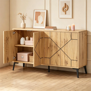 Credenza e madia con 4 ante e 4 vani, chiusura push-open, per soggiorno e cucina, in MDF, naturale, 120 × 35 × 69 cm